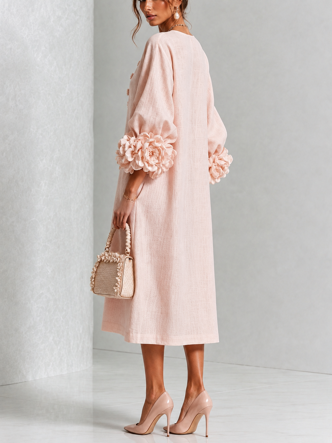 Floral Cuff Button Midi Dress