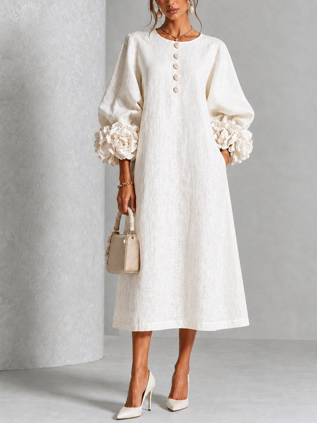 Floral Cuff Button Midi Dress
