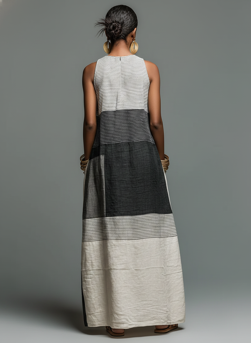 Linen-Blend Color Block Striped Sleeveless Maxi Dress With Pockets