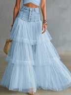 Stylish Casual Spliced Mesh Denim Skirt