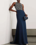 Crystal-Embellished Tulle Jacket and Crepe Gown Two-Piece Set