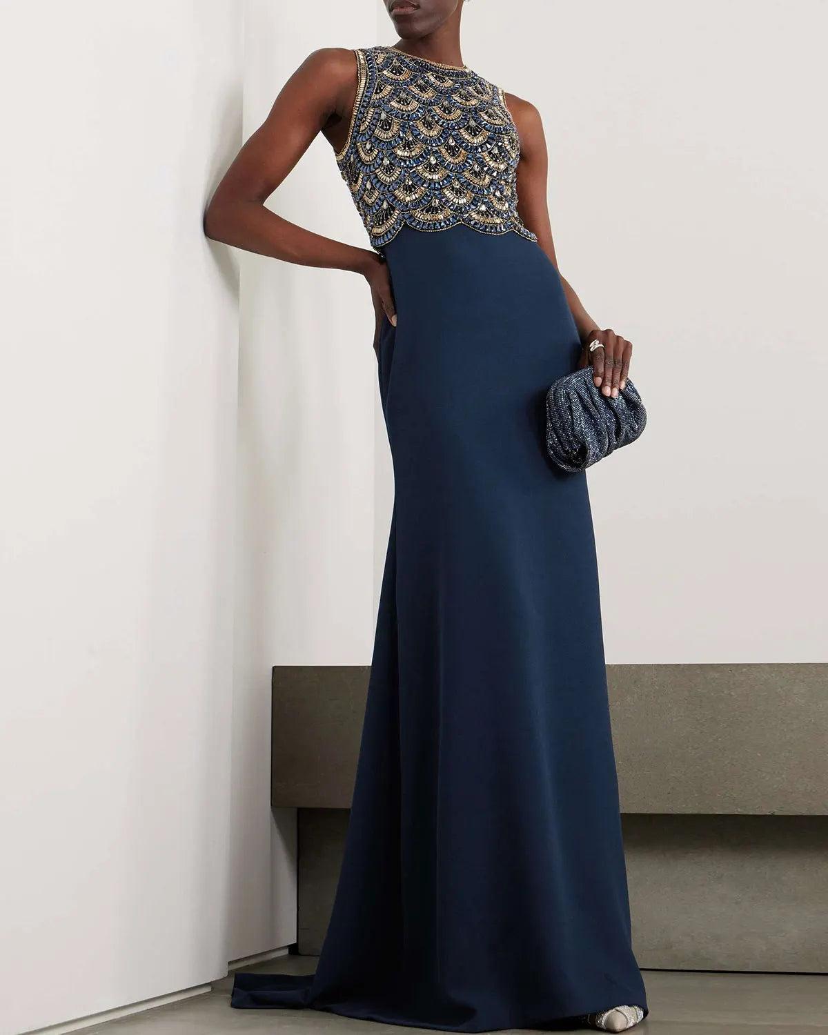Crystal-Embellished Tulle Jacket and Crepe Gown Two-Piece Set