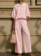 Today 49% off🔥Cotton Linen Gingham Two Piece Set Peter Pan Collar
