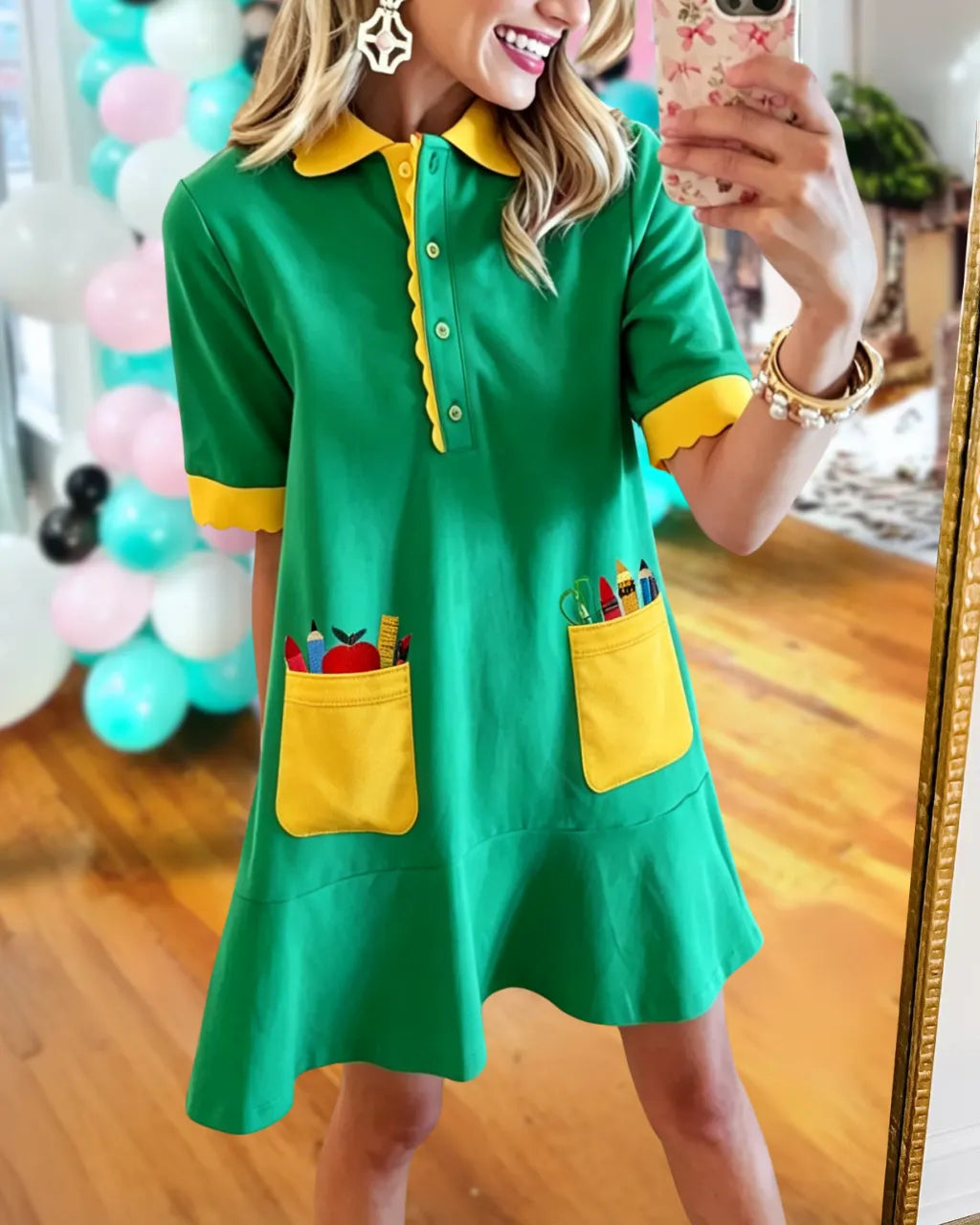 School Supplies Embroidered Colorblocked Dress