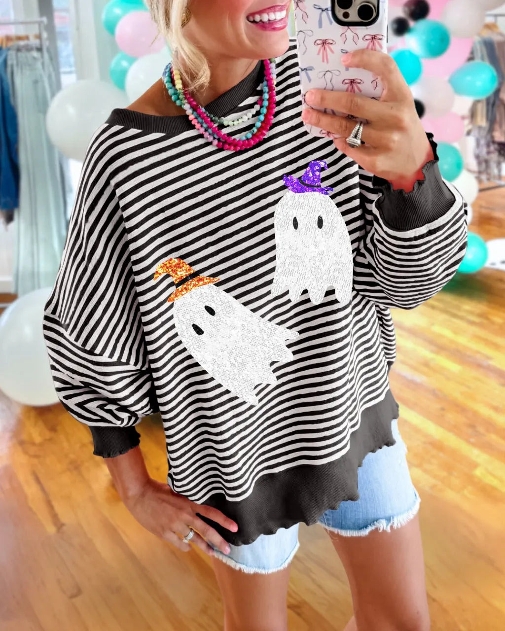 Sequin Ghost Striped Pullover