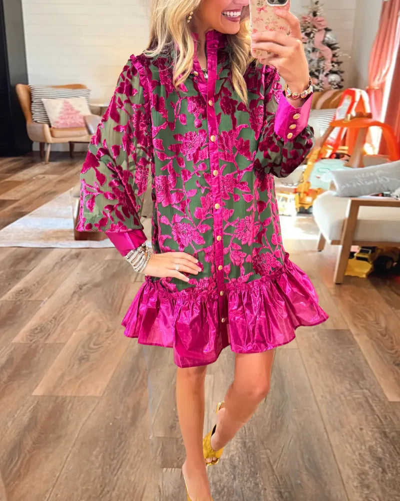 Floral Ruffle Button Mini Dress
