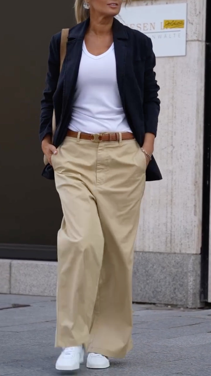 Navy Blazer & Khaki Wide-Leg Trousers Matching Set