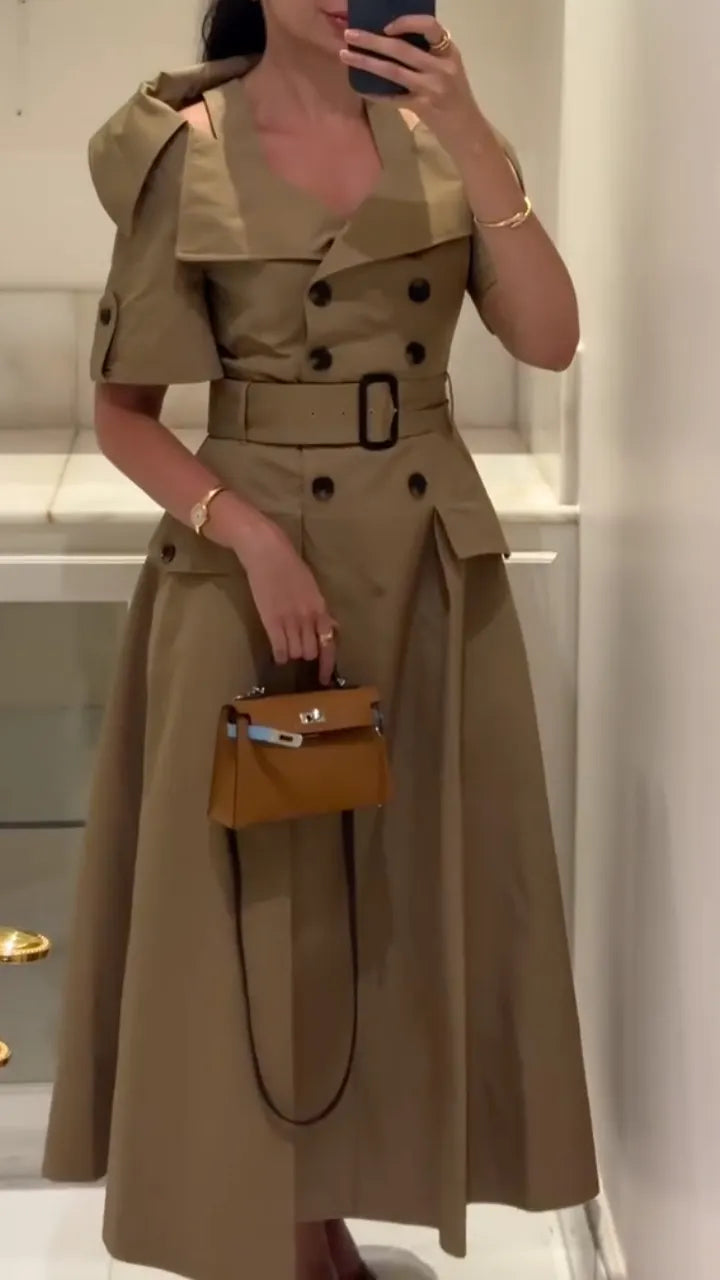 Khaki Trench-Style Midi Dress