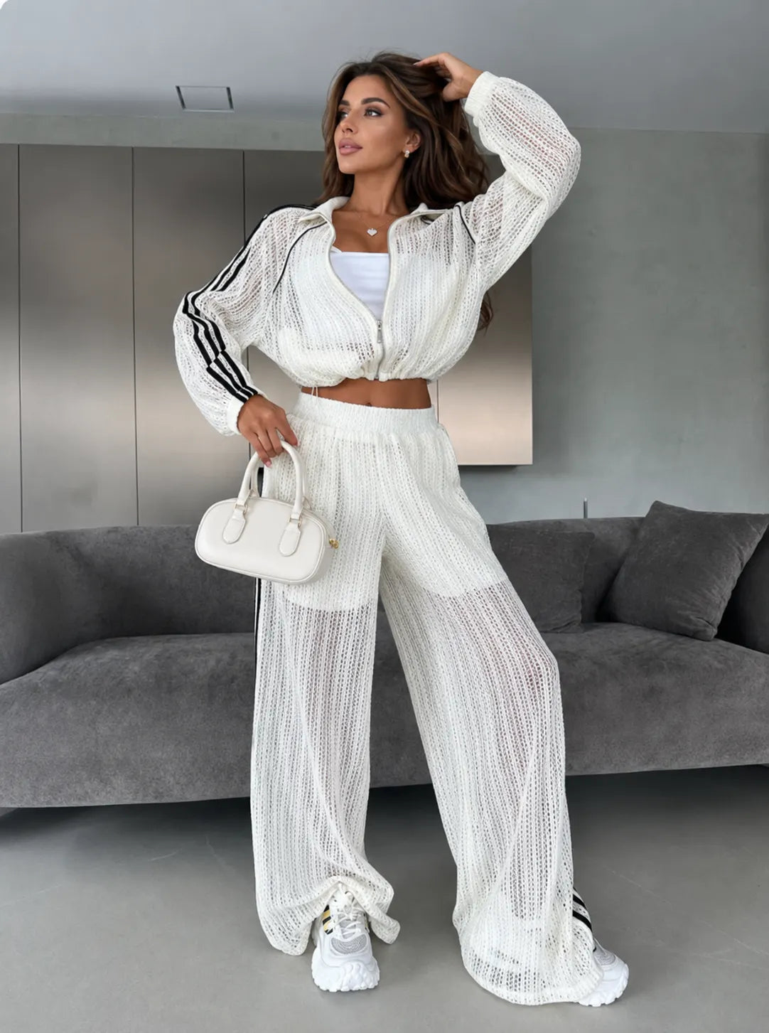 Women's Striped Cut-Out Zip-Front Set - Stylish Matching Set