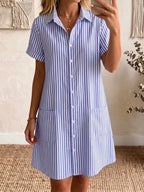 Clearance Sale🔥 Women's Cozy Lapel Classic Striped Cotton Linen Shirt Dress