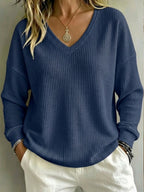 New Arrival🔥 Women's Casual V-Neck Waffle Top Sweatshirt