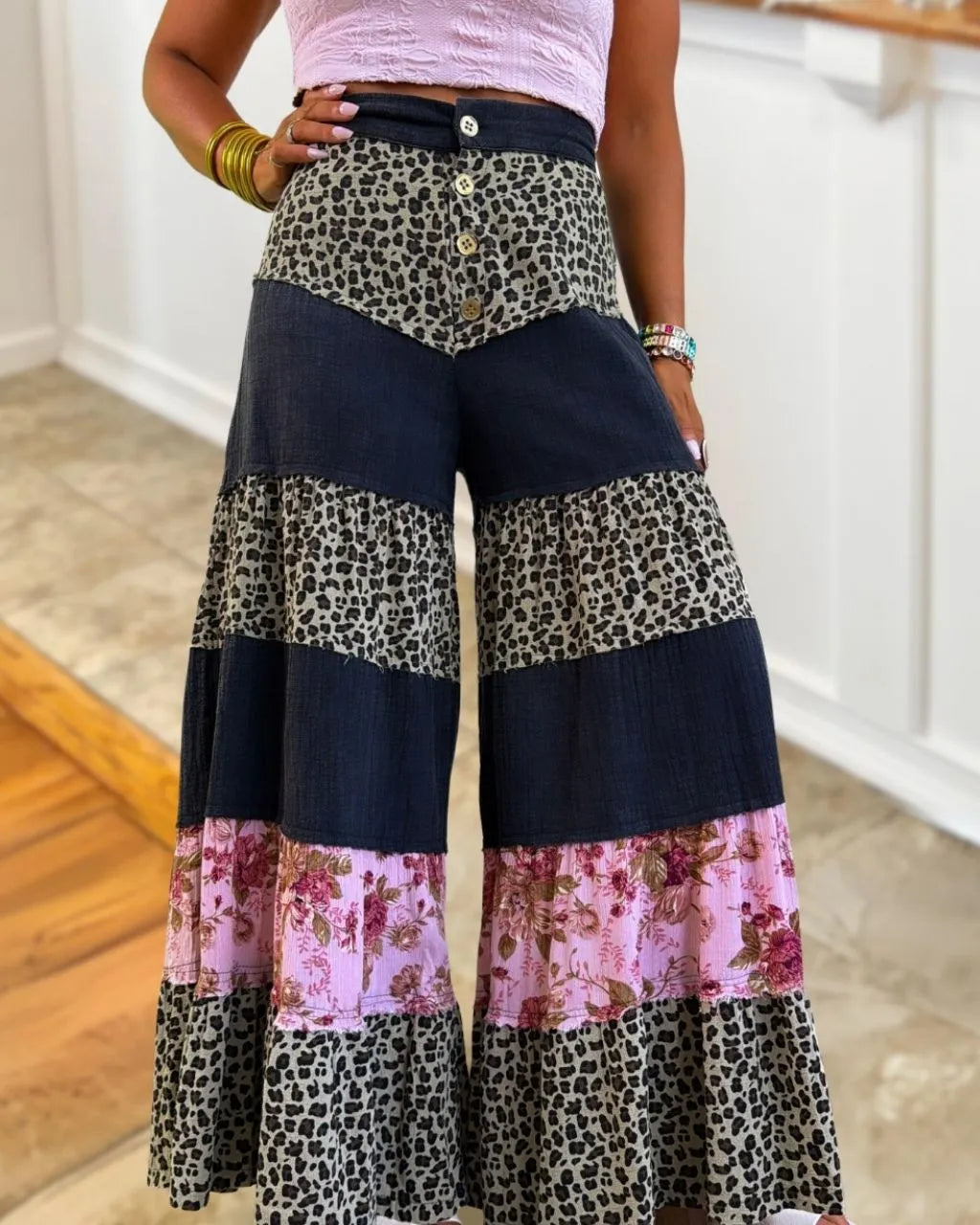 Leopard Floral Layered Wide-leg Pants