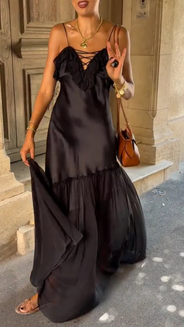 Black Satin Lace-Up Maxi Slip Dress