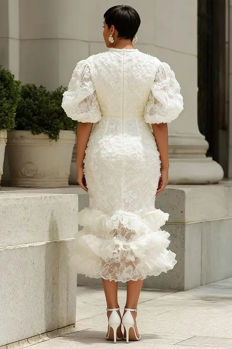 White Lace Puff-Sleeve Midi Dress