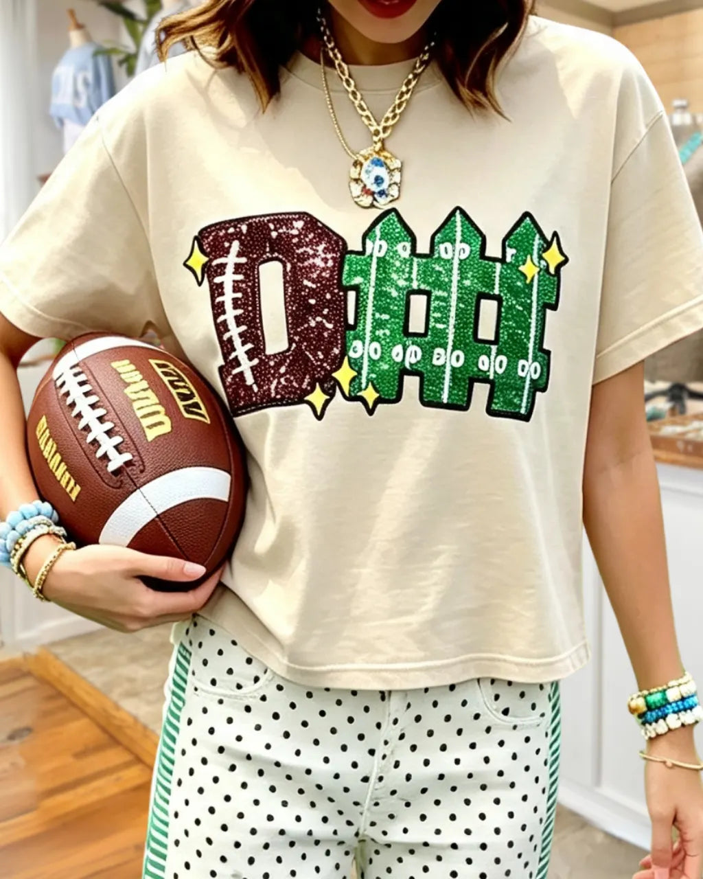 Football-themed Sequin Cropped T-shirt
