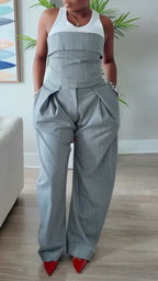 Pinstripe Tube Top & Wide Leg Pants Two Piece Set