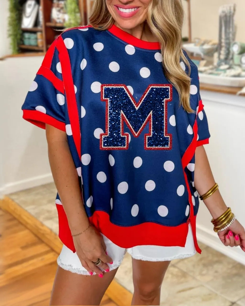 M Logo Sequined Polka Dot Top