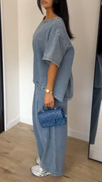 Women's Washed Blue Loose Wide-Leg Denim Trousers - Two-Piece Set
