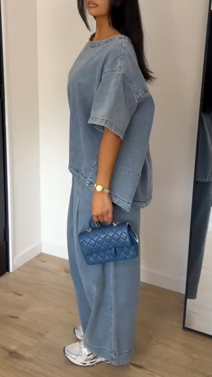 Women's Washed Blue Loose Wide-Leg Denim Trousers - Two-Piece Set