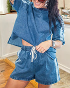 Side Striped Distressed Denim Sets
