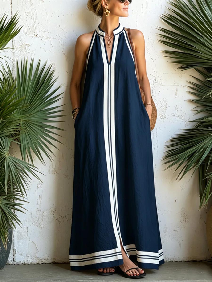 Women's Casual V-Neck Sleeveless Cotton Linen Dress