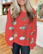Scattered Duck Sequined V-Neck Sweatshirt