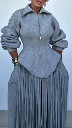 Grey Zip Corset Top With Long Fringe Wide Leg Pants Set