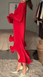 Red Pleated Ruffle Midi Evening Dress