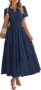 HOT SALE Womens Summer Lightweight Short Sleeve V Casual Midi Maxi Dresses