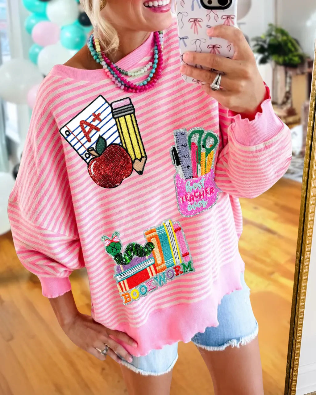 School Supplies Sequined Striped Sweatshirt