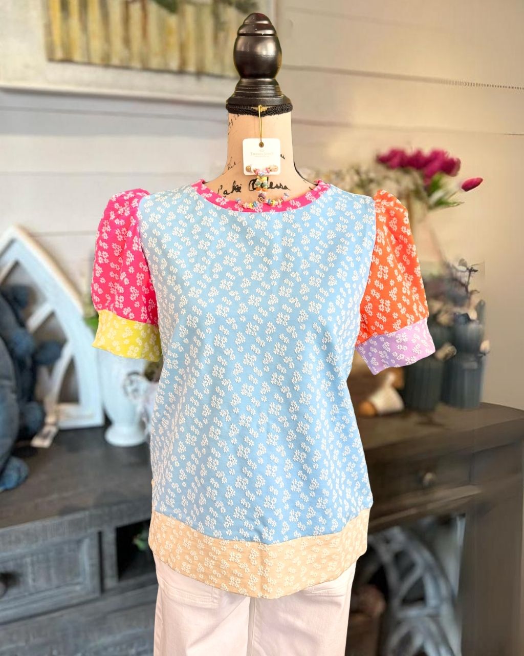 Floral Jacquard Color-Block Paneling Top
