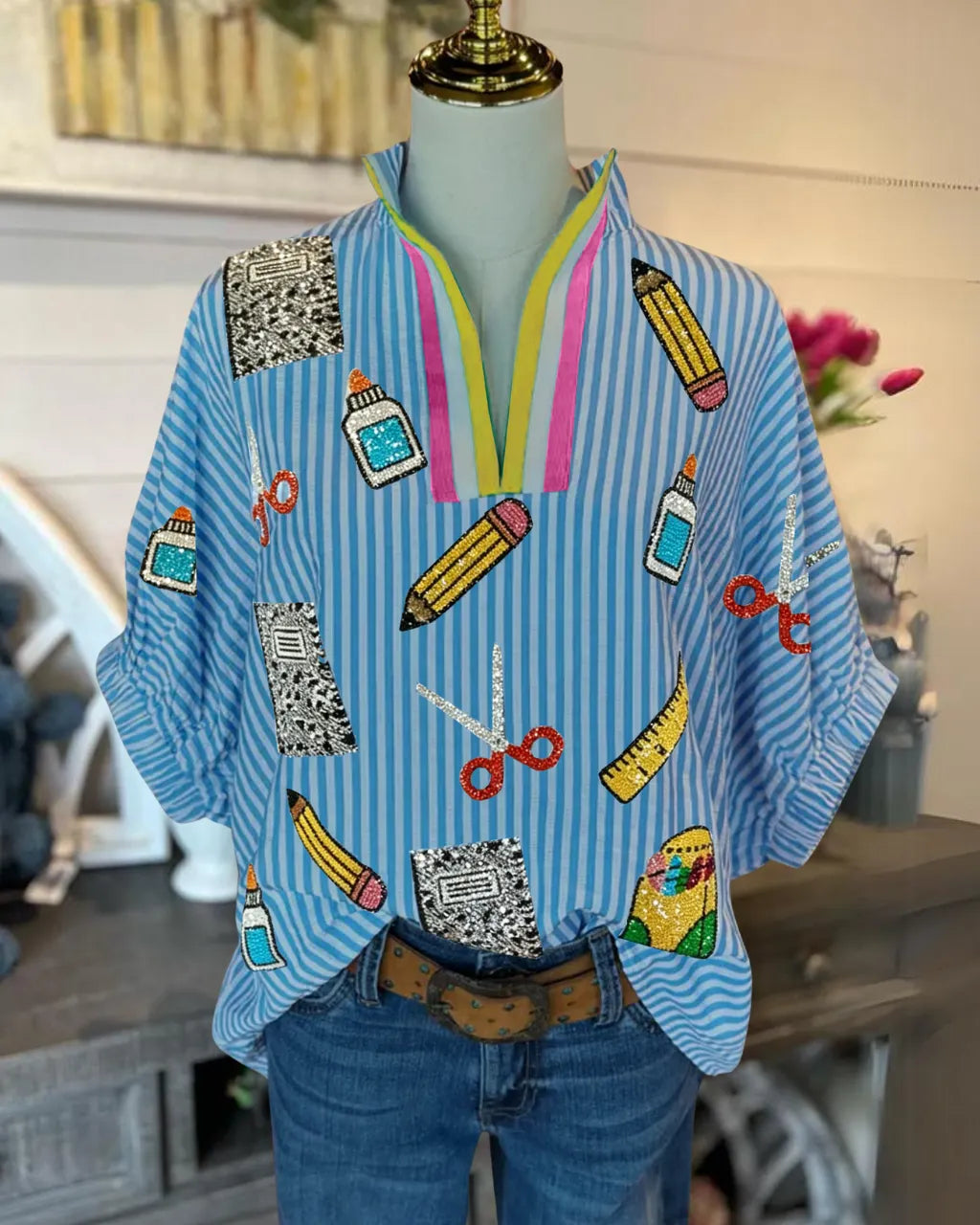 School Supplies Sequined Striped Top