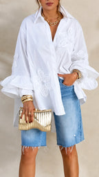 Oversized  Embroidery Ruffle Shirt & Raw-Hem Denim Knee Shorts