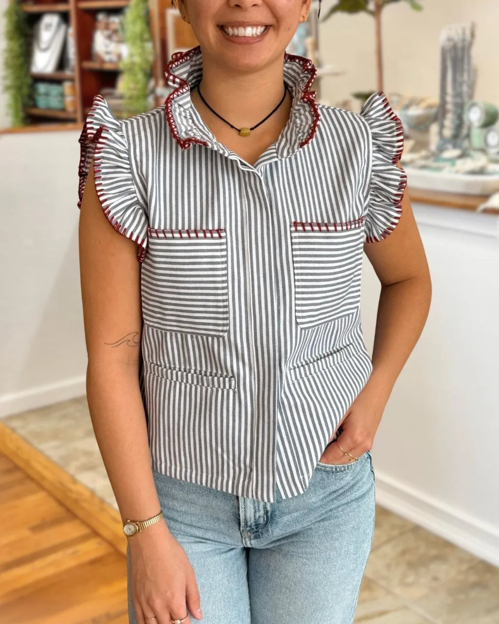 Pinstripe Ruffle Blouse