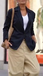 Navy Blazer & Khaki Wide-Leg Trousers Matching Set