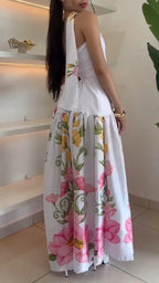 White Floral Print Strapless Maxi Dress