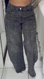 Over Rhinestone Wide Leg Cargo Denim Jeans