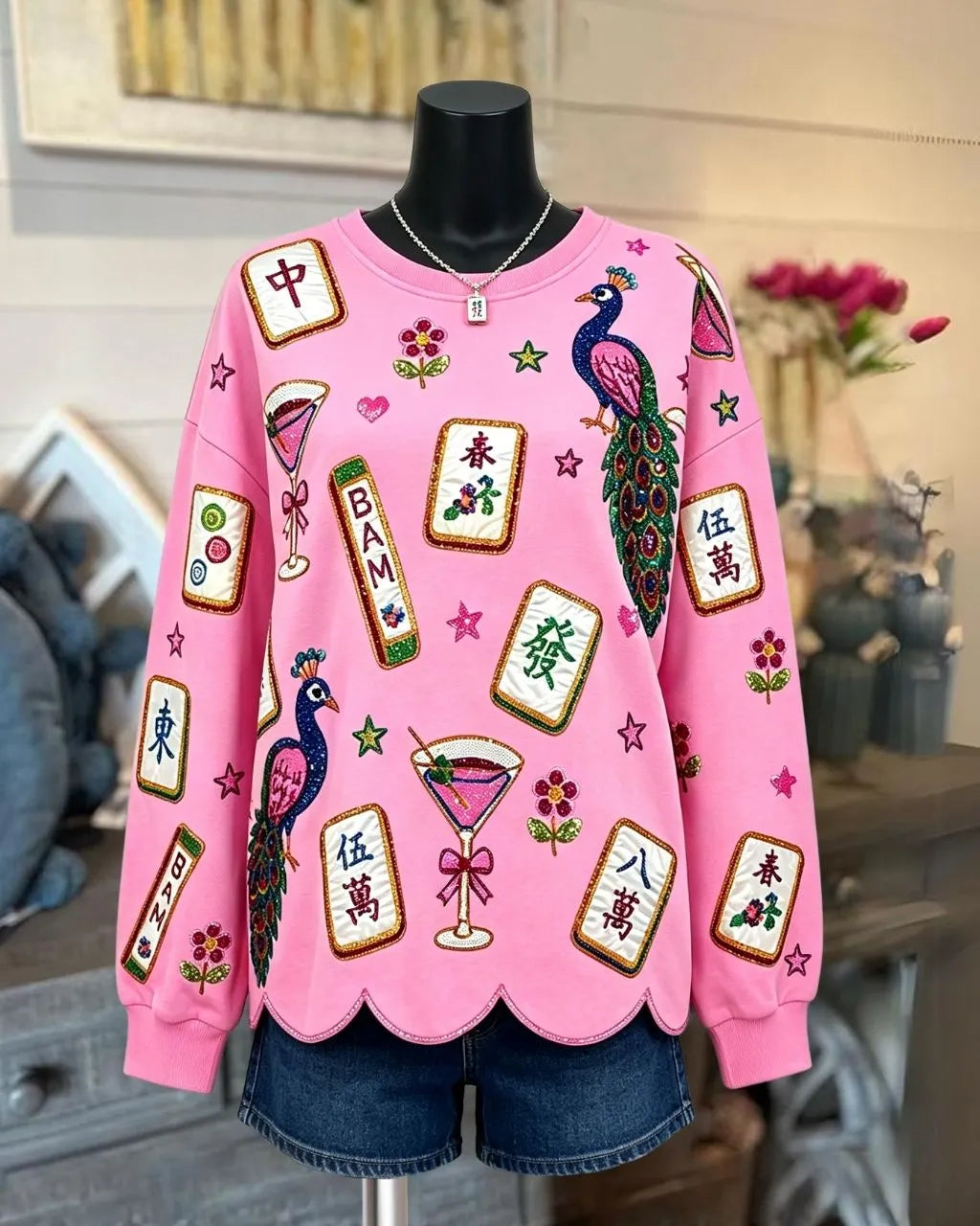 Mahjong Sequined Wavy Hem Pullover