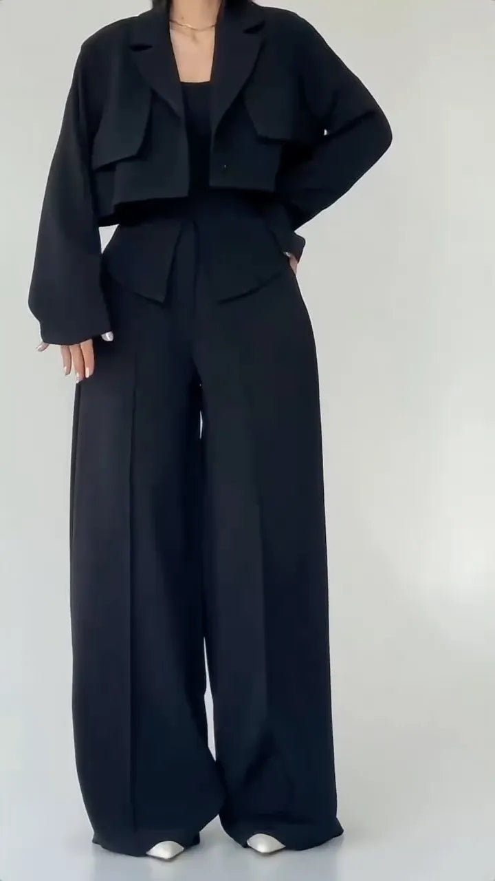 Taupe Cropped Blazer Two-Piece Pants Set