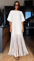 White Fringe Oversized T-shirt Maxi Dress