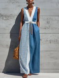 Women's Boho Color Block Maxi Dress Casual V Neck Striped Sleeveless Linen Sundress with Pockets