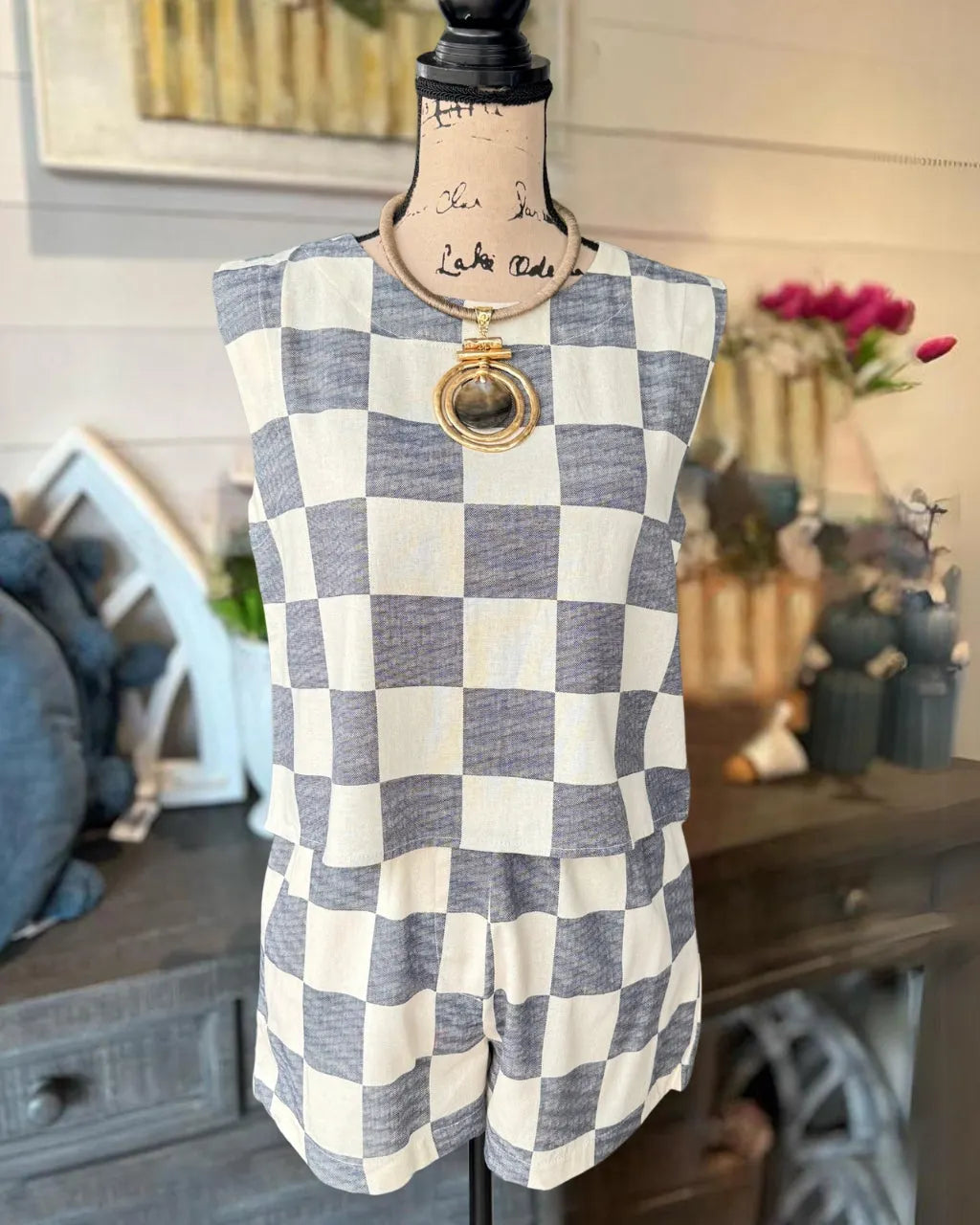 Checkerboard Sleeveless Shorts Set