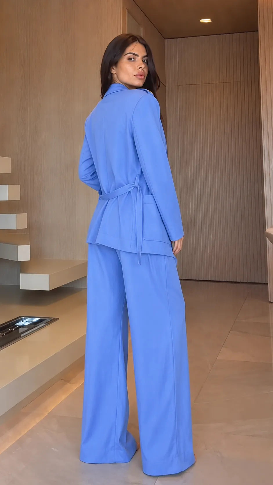 Blazer & Elastic-Waist Wide Leg Pants Suit