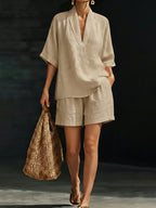 💝💝Women's Minimalist Cozy V-neck Shirt And Shorts Linen Cotton Two-piece Set