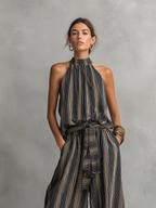 Striped Printed Woven Round Neck Sleeveless Top Paired With Trousers Set