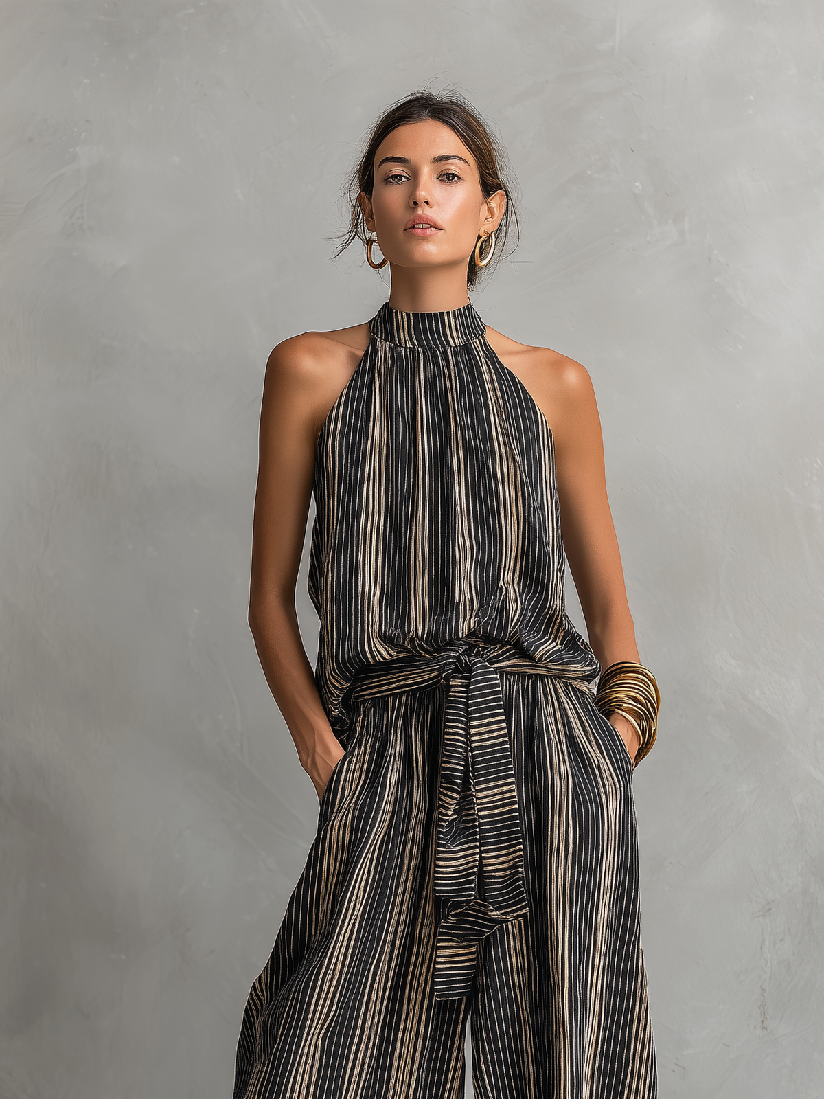 Striped Printed Woven Round Neck Sleeveless Top Paired With Trousers Set