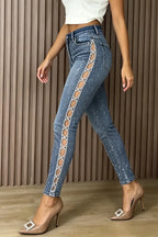 Rhinestone Cutout Side Skinny Denim Crop Pants