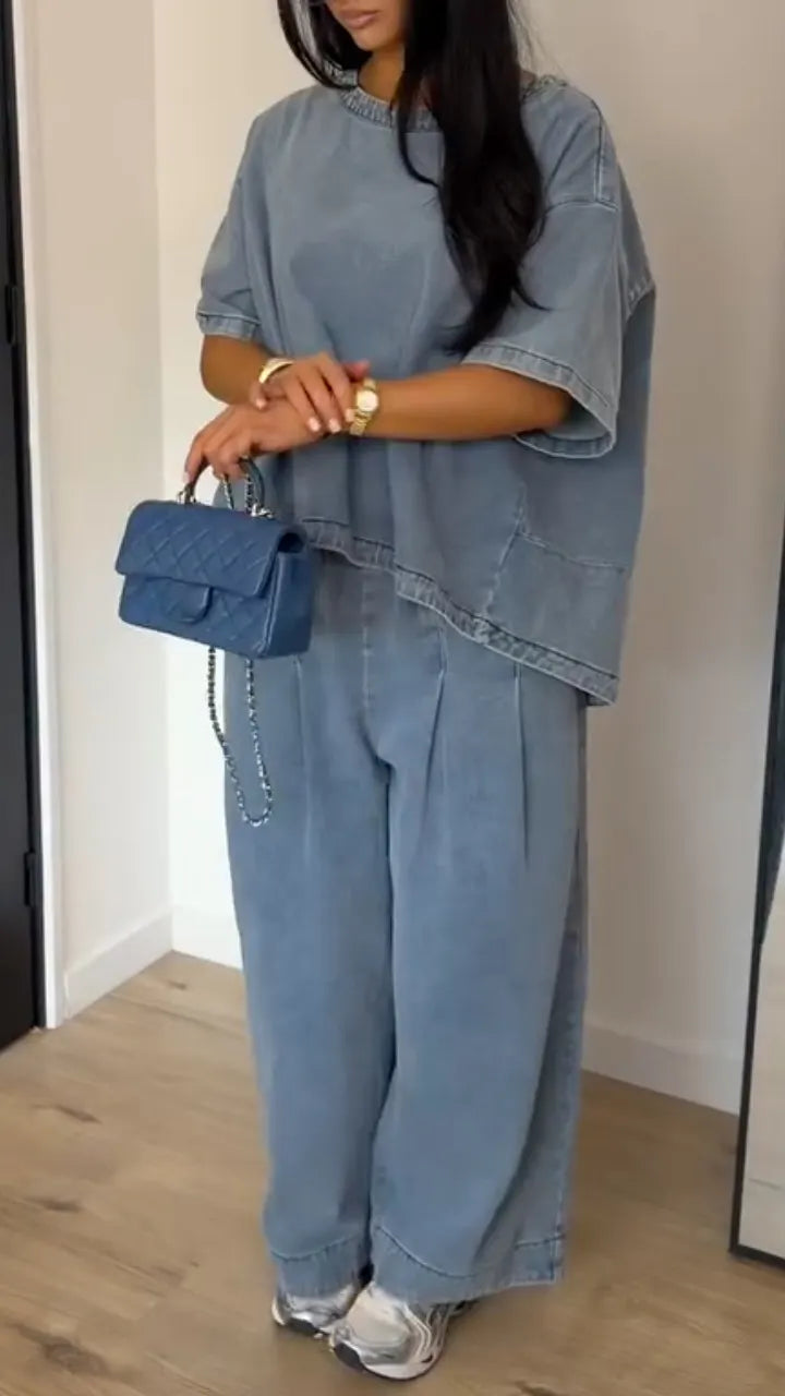 Women's Washed Blue Loose Wide-Leg Denim Trousers - Two-Piece Set