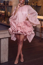 Vestido Romántico de Mujer Elegante con Manga Acampanada y Dobladillo en Capas Multi-Nivel