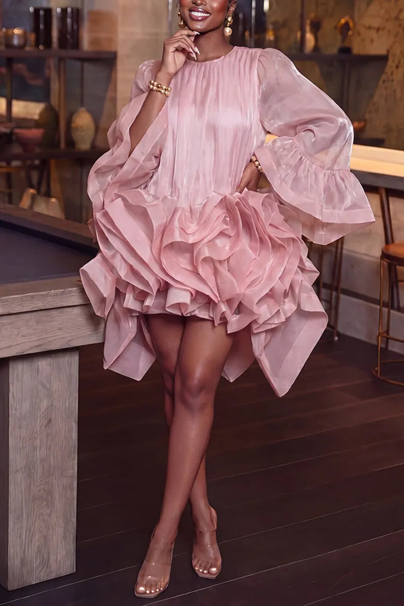 Vestido Romántico de Mujer Elegante con Manga Acampanada y Dobladillo en Capas Multi-Nivel